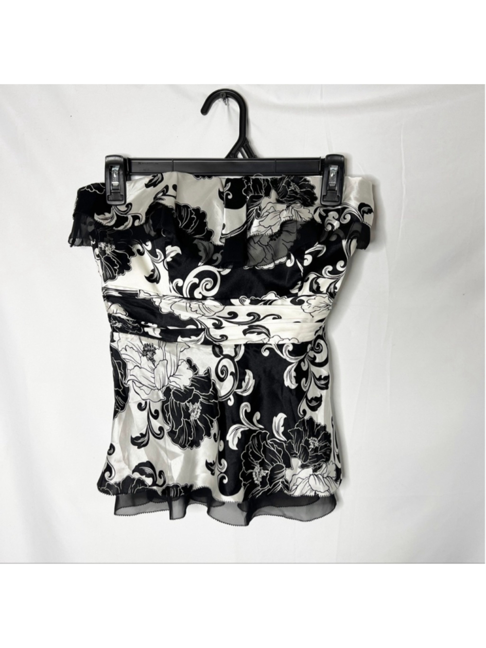 Black White Floral Y2K White House Black Market Strapless Silk Tube Top Size 0